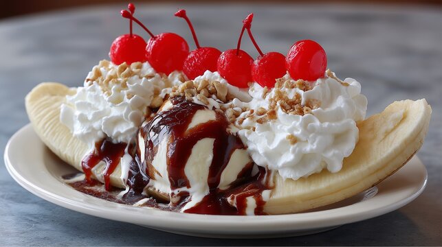 Delicious banana split with ice cream, chocolate sauce, whipped cream, and cherries on white plate