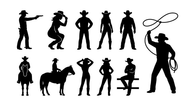 Wild West cowboy silhouettes set, 11 western character vector elements, cowgirl and horse rider black shapes, rodeo lasso and gunfighter icons