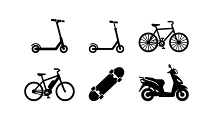 Urban micro-mobility icon set, black silhouette of electric scooter and bicycle, 6 transportation elements for city travel and commuting © Neha