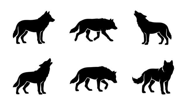 Black wolf silhouette set with 6 vector elements, howling and walking wild wolf pack icons, forest predator animal silhouettes for logo design