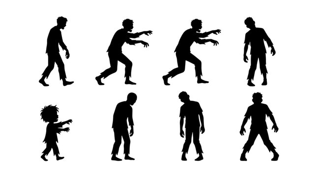 Creepy zombie silhouette set with 8 walking undead figures, spooky horror character collection, black monster silhouettes for Halloween design