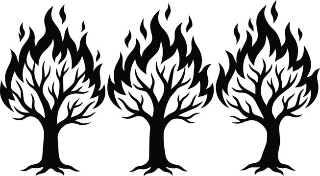 Black and white vector art three burning trees with stylized flame canopy silhouette