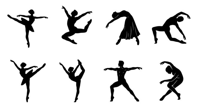 Elegant ballet dancer silhouettes set, 8 black vector icons of professional dancers, graceful ballet poses and contemporary dance movements