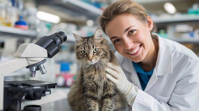 Veterinarian examining a cat in modern veterinary laboratory with microscope