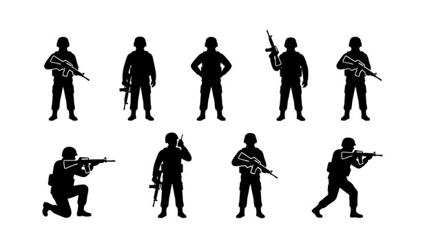 Military soldier silhouettes set, 9 army infantry vector icons, armed special forces personnel in combat poses, tactical war fighter graphics
