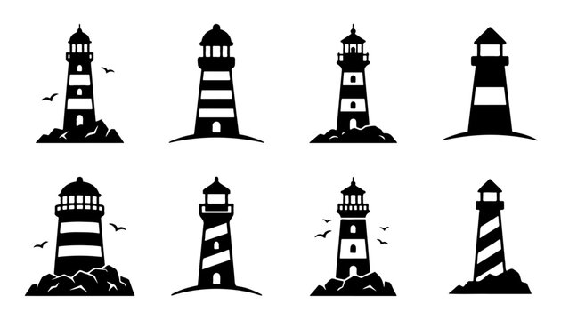 Minimalist lighthouse icon set, black silhouette lighthouse vector collection, nautical beacon symbols for maritime branding and coastal logos
