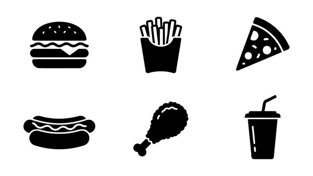 Fast food icon set with black silhouettes, collection of 6 junk food vector elements, minimalist restaurant menu symbols on white background