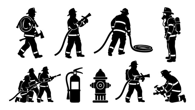 Firefighter silhouette vector set, firemen in action with equipment, professional fire department icons, emergency service rescue workers collection
