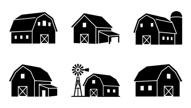 Rustic barn silhouette icons, set of 6 farm building vector illustrations, black farmhouse and windmill graphics for rural landscape design