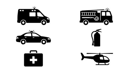 Emergency services icon set with 6 black vector silhouettes, first responder vehicles and equipment, police car and ambulance icons for safety signage © Shorna