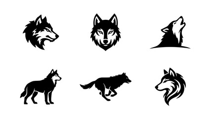 Wolf head and silhouette vector set, black and white wild animal mascot icons, howling wolf and running predator graphics for sports logos © Tamim