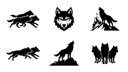 Black wolf silhouette vector set, howling wolf icons on mountain peaks, wild predator animal head mascot and running pack illustrations © Tamim