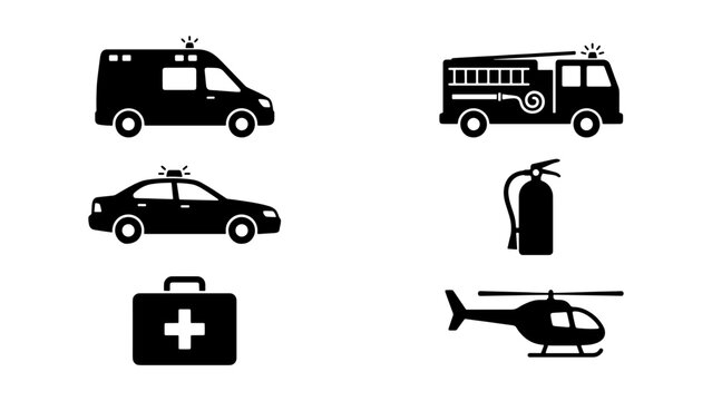 Emergency services icon set with 6 black vector silhouettes, first responder vehicles and equipment, police car and ambulance icons for safety signage