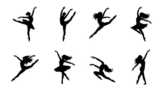 Graceful ballerina silhouettes set, elegant ballet dancer poses in black vector icons, 8 female dancers performing artistic jumps and movements