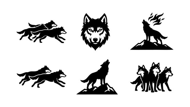 Black wolf silhouette vector icons, howling wolf head and running pack collection, 6 wild animal logo elements for outdoor branding