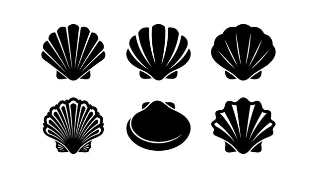 Minimalist seashell icon set, black scallop shell silhouettes, collection of 6 marine mollusk vector elements for beach branding and summer logos