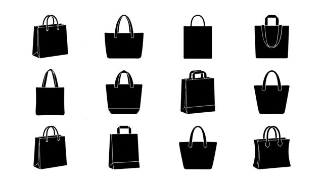 Black shopping bag silhouettes, set of 12 vector icons of reusable tote bags and paper carriers, retail fashion handbag collection for e-commerce