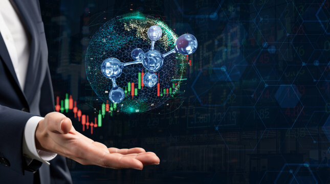 Biotech investment and pharmaceutical industry growth, businessman holding holographic molecule over rising stock market candlestick chart and tech background