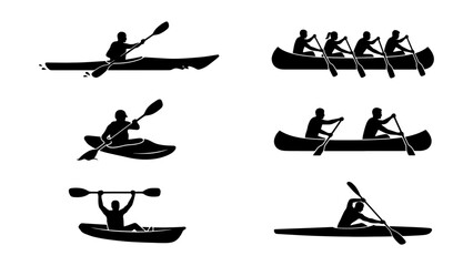 Black kayak and canoe silhouette set, rowing and paddling sport icons, collection of 6 watercraft vector elements for outdoor adventure design © Kawsar