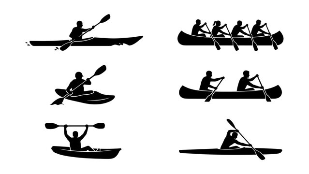 Black kayak and canoe silhouette set, rowing and paddling sport icons, collection of 6 watercraft vector elements for outdoor adventure design