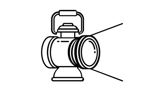 Vintage Camping Lantern Vector Icon Illustration, Minimalist Black and White Line Art of an Outdoor Portable Flashlight with Light Beams for Adventure, Hiking, and Exploration Graphics
