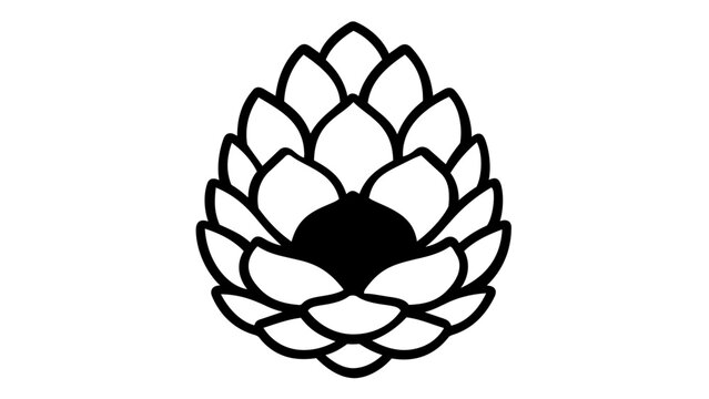 Minimalist pinecone or hop flower vector icon, scalable black and white line art illustration for camping, outdoor adventure, forest nature, hiking gear, and botanical logo design projects.