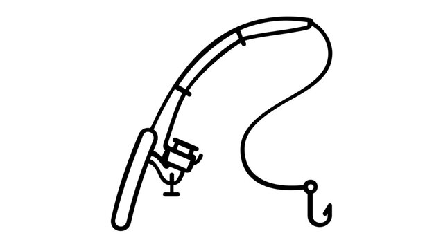 Minimalist Fishing Rod Vector Icon Illustration Featuring a Detailed Reel and Hook. Scalable Black and White Line Art Graphic for Outdoor Angling, Camping, and Recreational Sport Fishing Designs.