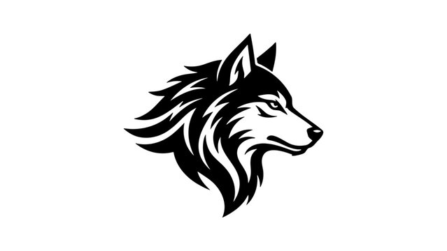 Stylized wolf head vector logo, black and white husky mascot profile, wild animal predator emblem for sports branding and apparel design