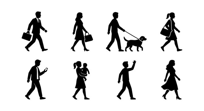 Black silhouette people walking set, diverse pedestrian figures in motion, casual and business people silhouettes for urban architectural rendering