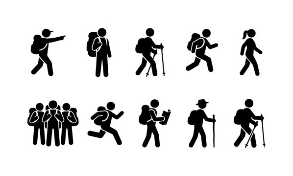 Hiking and trekking stick figure icons, set of 10 backpacker silhouettes, outdoor adventure and mountaineering symbols for travel maps
