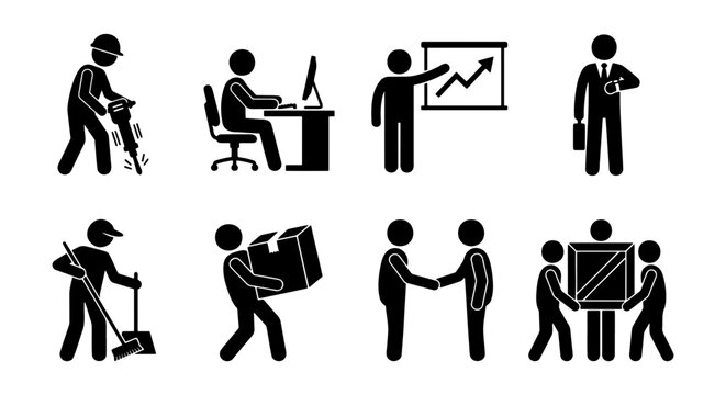 Professional business and industrial stick figure icons, set of 8 black pictograms showing workers, office employees and manual labor activities
