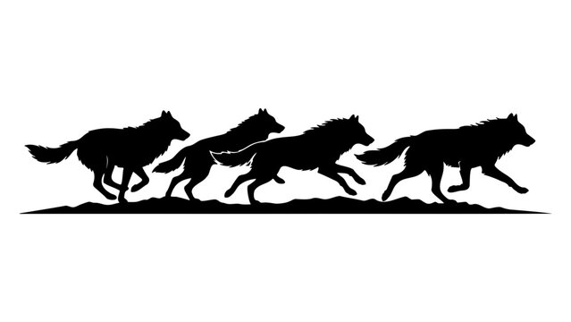 Running wolf pack silhouette vector, black wolves galloping in a row, wild animal group hunting on horizon, predatory canine wildlife illustration