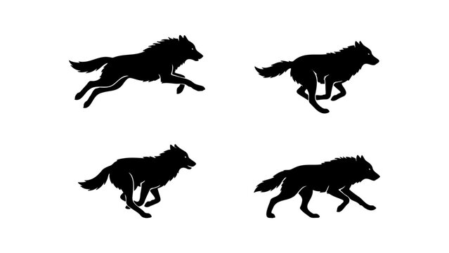 Black wolf silhouette set, running wild wolf vector illustrations, 4 predatory animal silhouettes in motion, isolated canine predator icons
