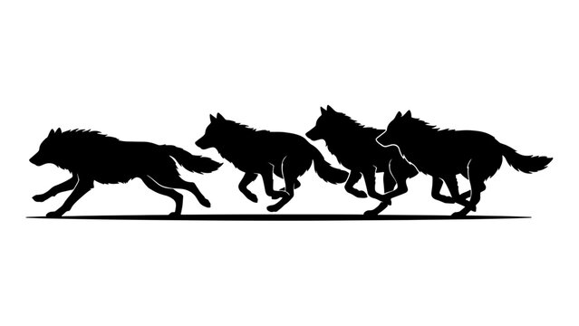 Running wolf pack silhouette vector, black wolves galloping in a row, wild animal group hunting motion, minimalist canine predator silhouettes