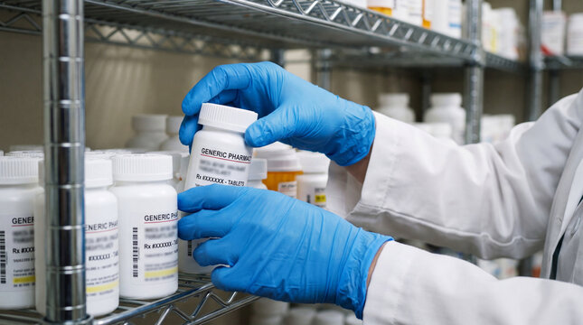 A pharmacist or lab technician in blue gloves handling a generic pharmacy pill bottle on a shelf with many other medication bottles