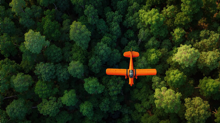Aerial top view of an orange propeller plane flying over a dense green forest. Travel and adventure in nature. Bird's-eye view of an aircraft above the wilderness