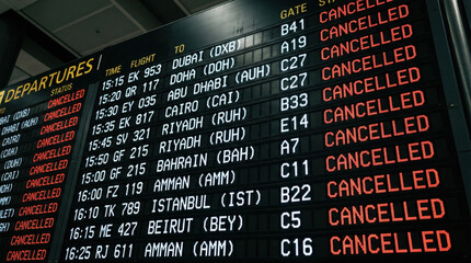Fototapeta premium Airport departure board with all flights marked as cancelled. Digital information screen showing travel disruptions. Middle East conflict, delay and cancellation concept