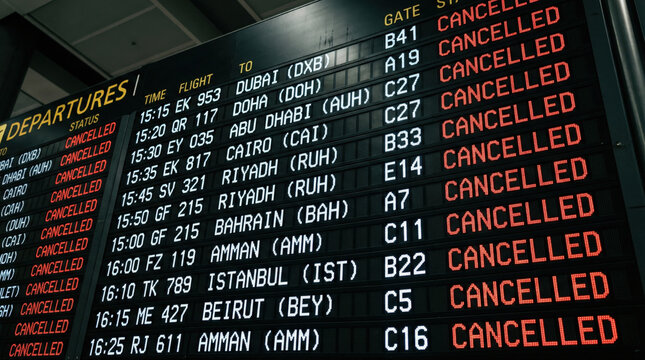 Airport departure board with all flights marked as cancelled. Digital information screen showing travel disruptions. Middle East conflict, delay and cancellation concept