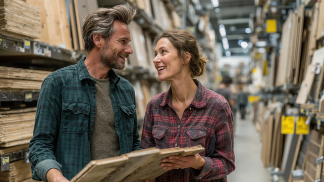 Happy couple shopping for lumber at a hardware store. Man and woman choosing wood for home renovation DIY project