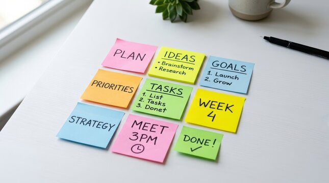 Pastel sticky notes with planning words arranged on white desk