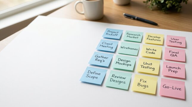 Project workflow sticky notes on desk with cup and pen