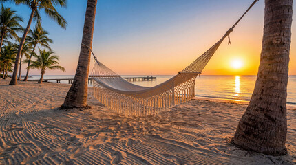 A serene beach scene with a hammock between two palm trees at sunset on a tropical coast with a pier extending into calm waters © Food Shop