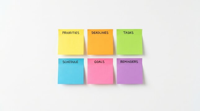 Six colorful sticky notes with labels on white background