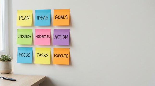 Colorful sticky notes with planning words arranged on wall above desk