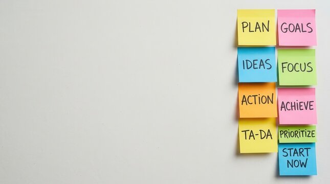 Sticky notes with planning words arranged in vertical columns on wall