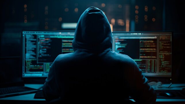 Cybersecurity Expert in Dark Hoodie Working on Multiple Computer Screens with Code