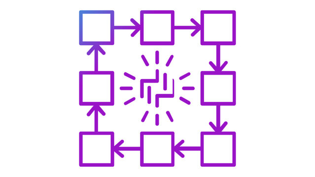 Blockchain technology and NFT token line icon vector illustration featuring a central digital asset symbol surrounded by interconnected data blocks in a blue and purple gradient flat design.