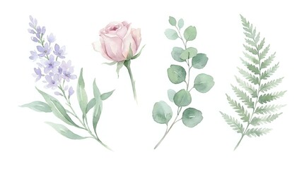 Obraz premium Watercolor botanical elements set with lavender, pink rose, eucalyptus and fern isolated on white background for wedding invitations and floral designs.