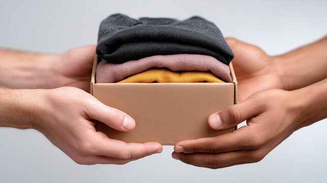 two hands giving and receiving a cardboard clothing donation box, folded clothes visible on top, clean modern stock photo, minimal light background, bright soft high-key daylight,
