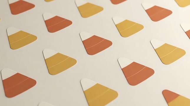 Autumn candy corn pattern in warm orange and yellow colors on cream background. Seamless repeating design for seasonal decorations and Halloween crafts.